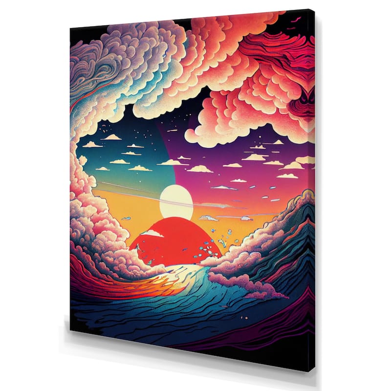 Designart "Red Sunset Over The Wild Waves Of The Lake" Landscape